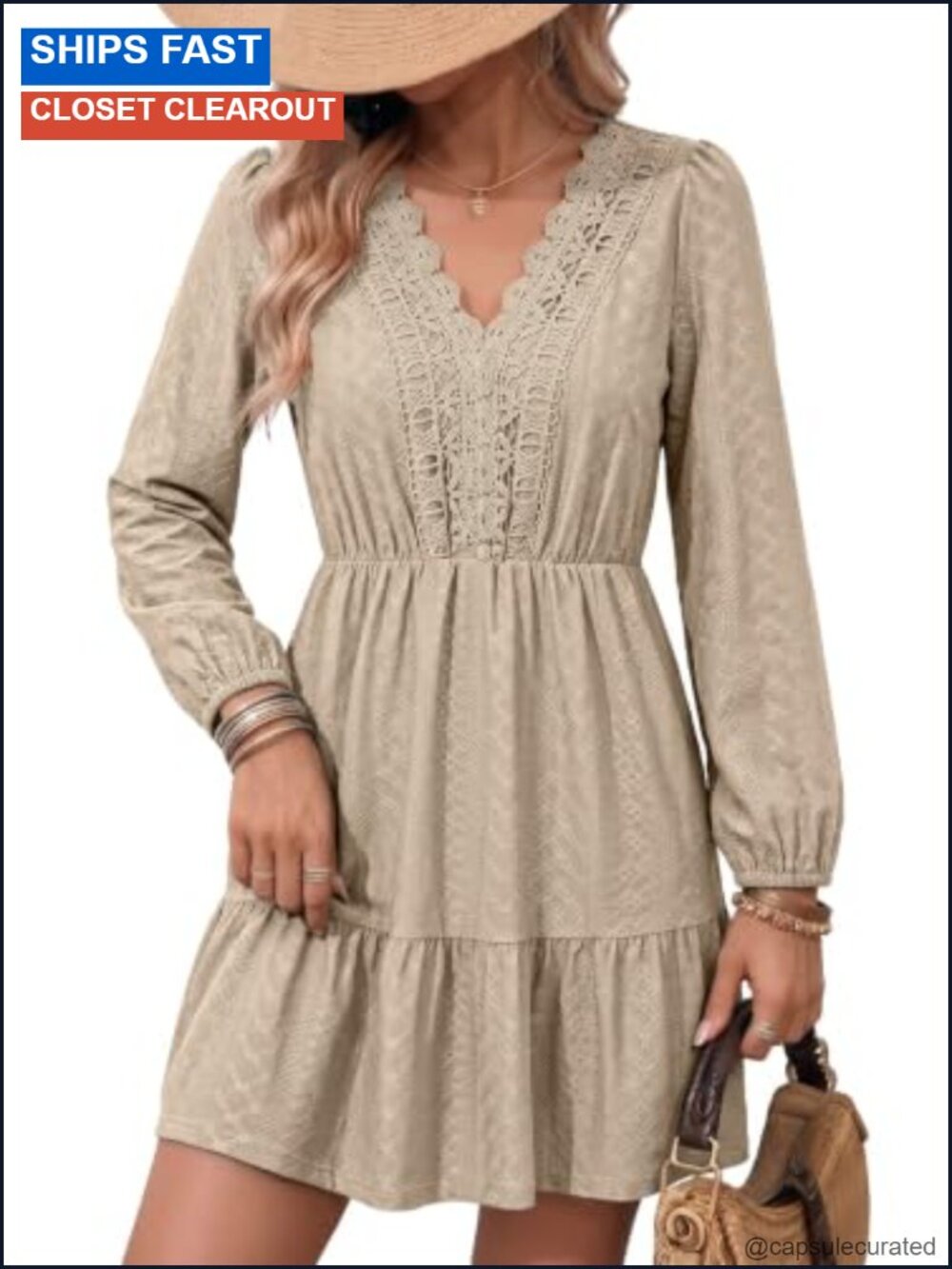 Lace Hollow Out Embroidered V-Neck Long Sleeve Swing Dress